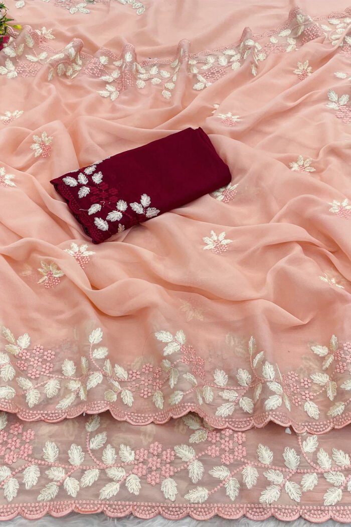 Crepe Saree With Chiffon Work Contrast Blouse Collection - Image 5