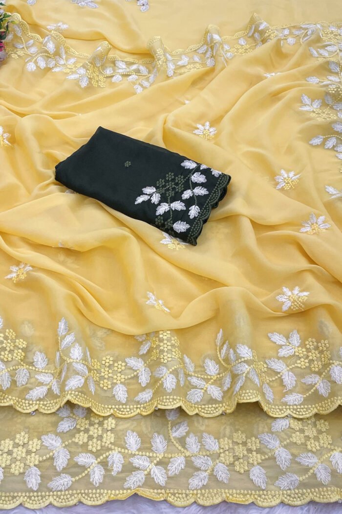 Crepe Saree With Chiffon Work Contrast Blouse Collection - Image 4