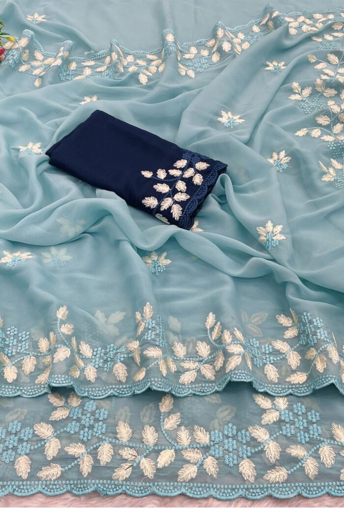 Crepe Saree With Chiffon Work Contrast Blouse Collection - Image 2