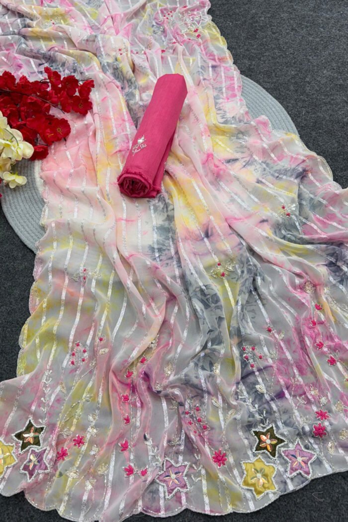 Premium Soft Georgette Line Peach Butti Work Collection - Image 11