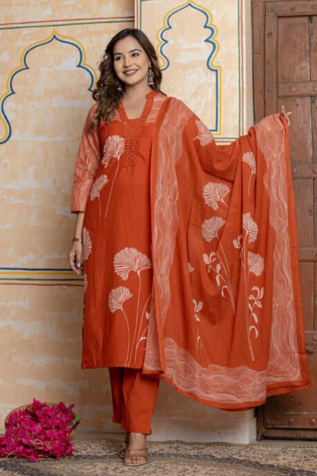 Ethnic Wear Cotton Kurti Pant Dupatta Set 60x60 Digital Print