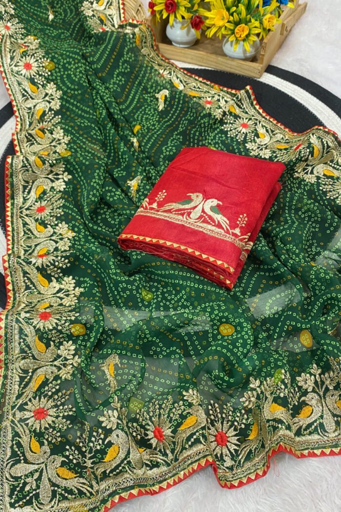Bandhani Printed Saree With Embroidery Work - Image 7