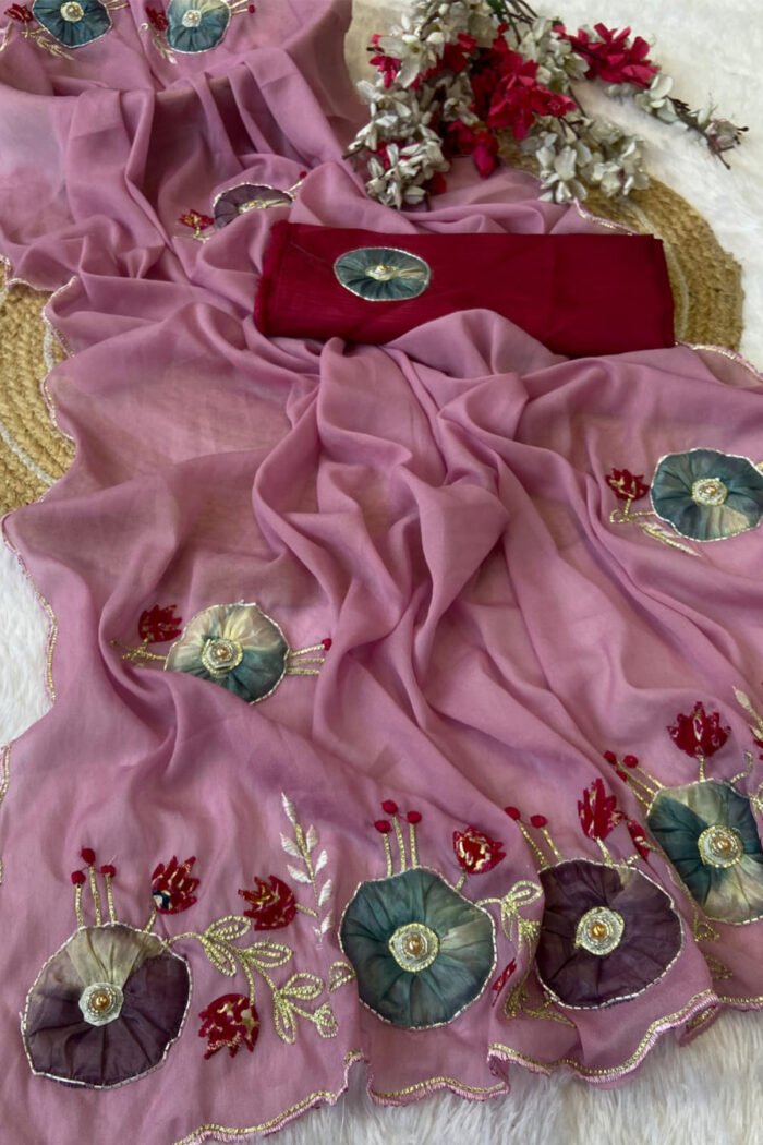 Star Georgette Saree with Handwork Peach Butta - Image 5