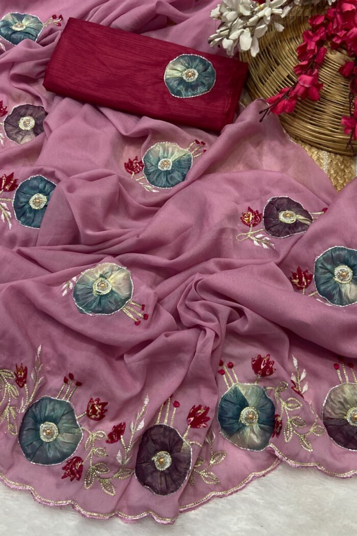 Star Georgette Saree with Handwork Peach Butta - Image 7