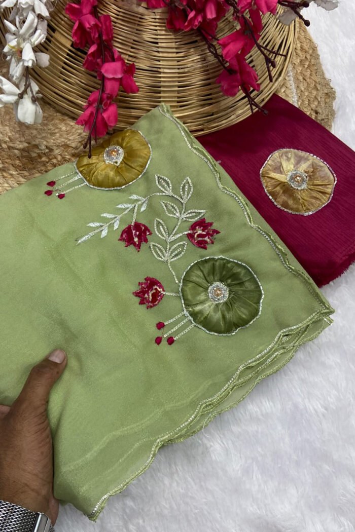 Star Georgette Saree with Handwork Peach Butta - Image 2