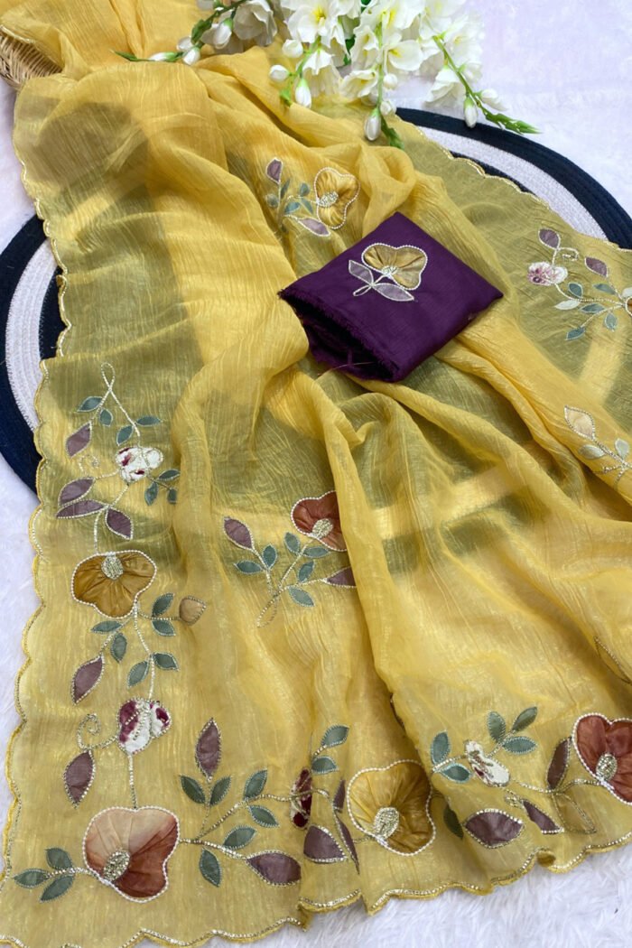 Multi Color Patch Work & Handwork Border  Designer Saree With C Pallu - Image 5