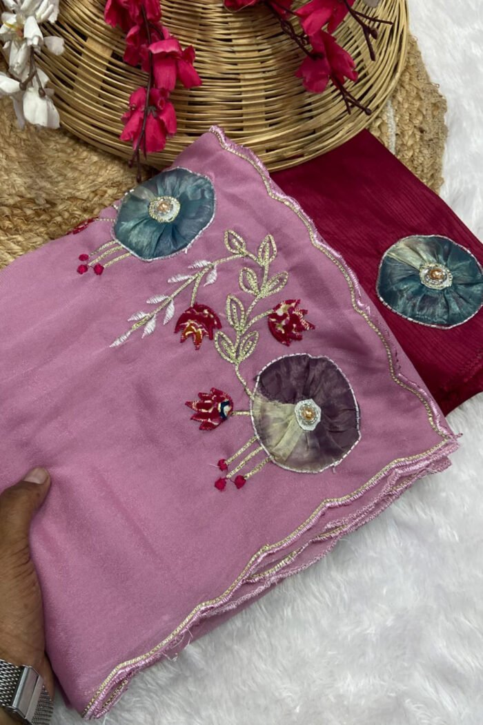 Star Georgette Saree with Handwork Peach Butta - Image 6