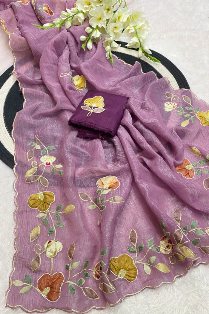 Multi Color Patch Work & Handwork Border  Designer Saree With C Pallu - Image 3