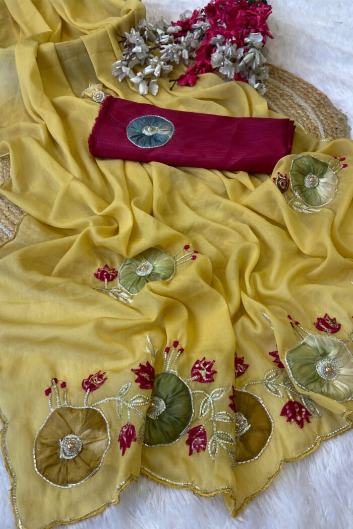 Star Georgette Saree with Handwork Peach Butta - Image 3