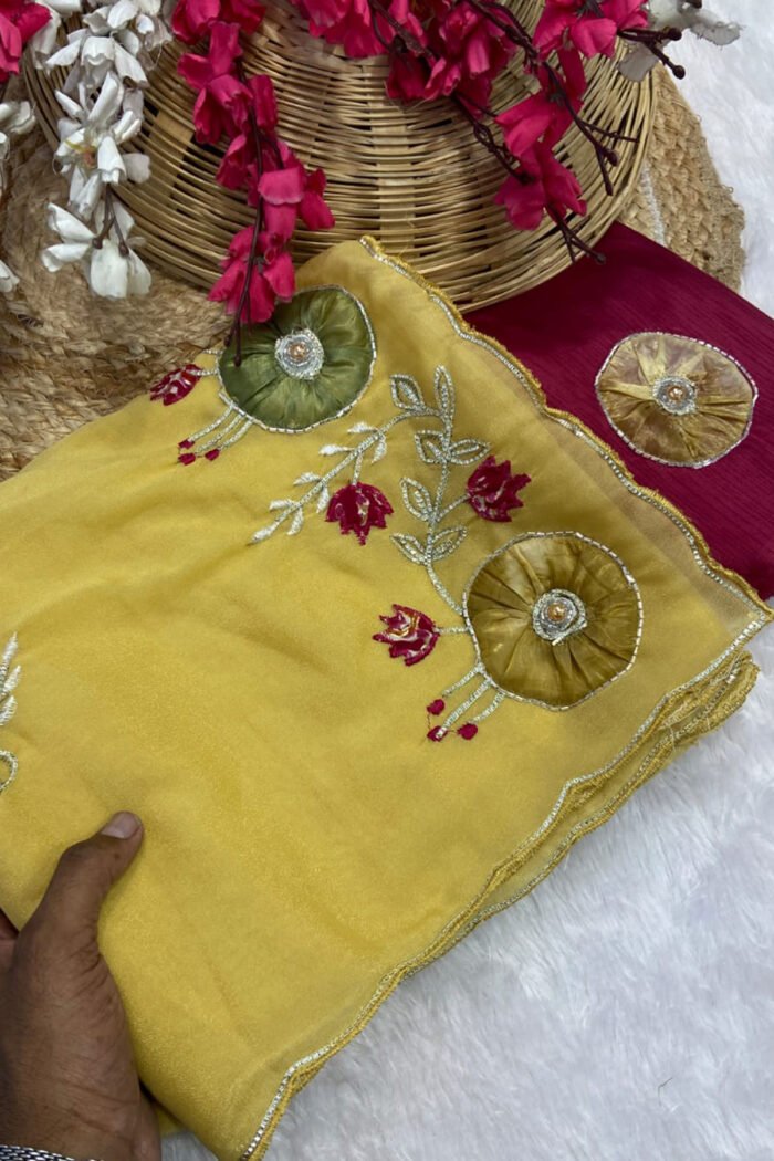 Star Georgette Saree with Handwork Peach Butta - Image 4