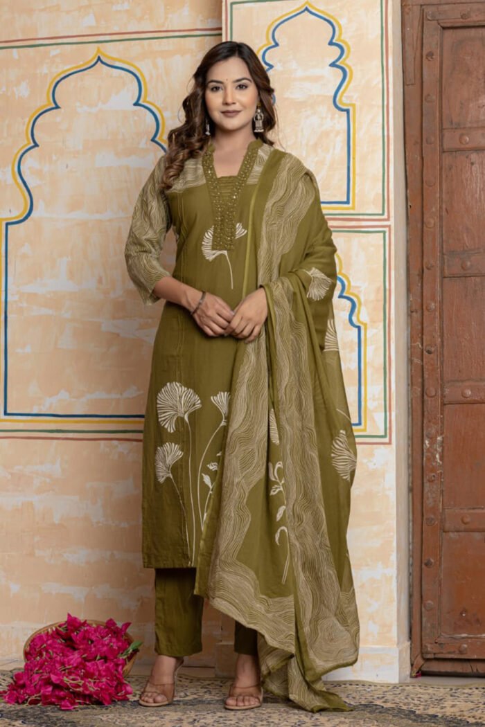 Ethnic Wear Cotton Kurti Pant Dupatta Set 60x60 Digital Print - Image 3