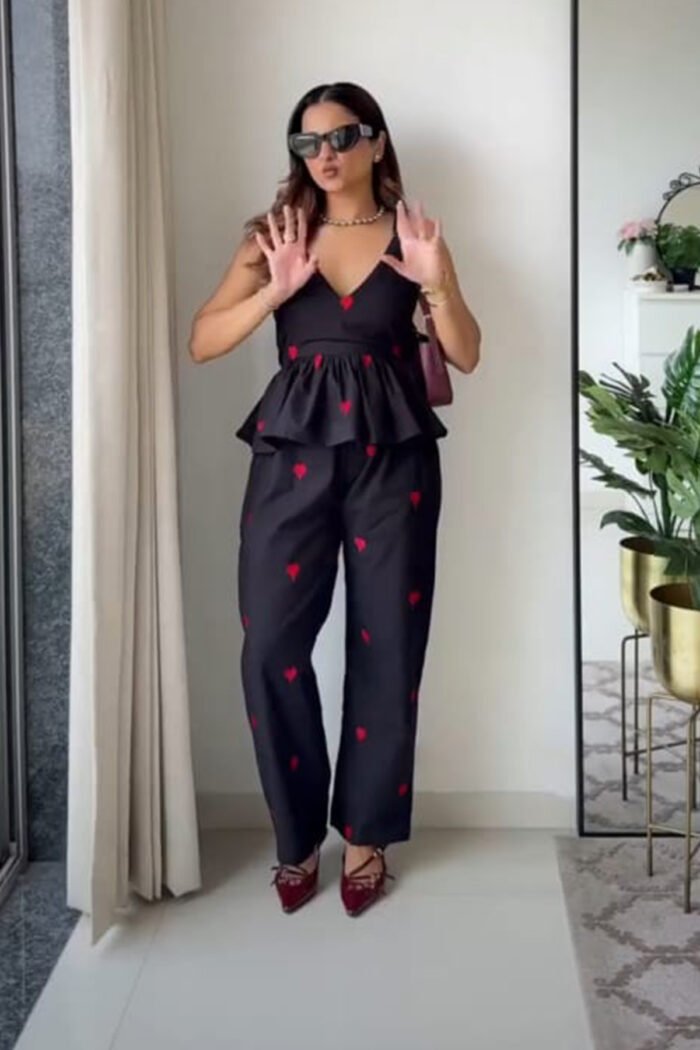 White & Black Solid Embroidery Work Co-ord Set - Image 3