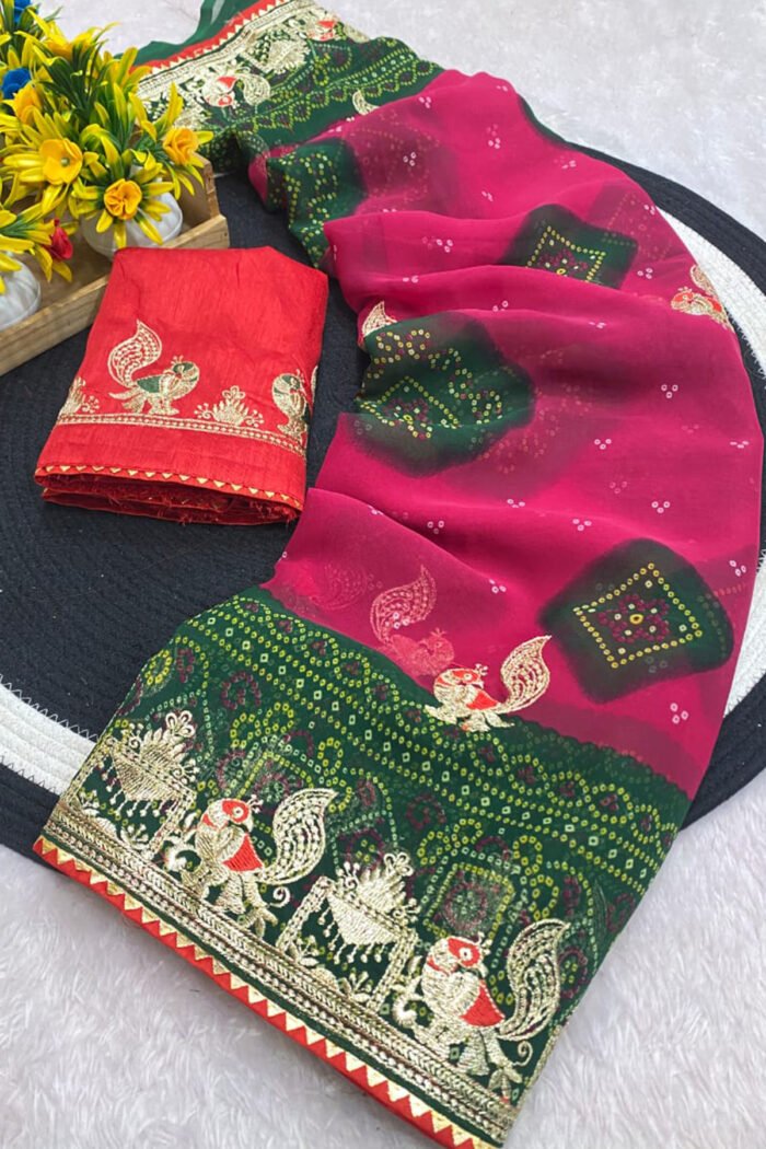 Heavy Georgette Bandhani Saree With All Over Zari Embroidery - Image 2