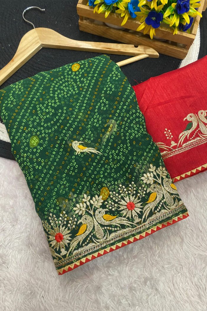 Bandhani Printed Saree With Embroidery Work - Image 8