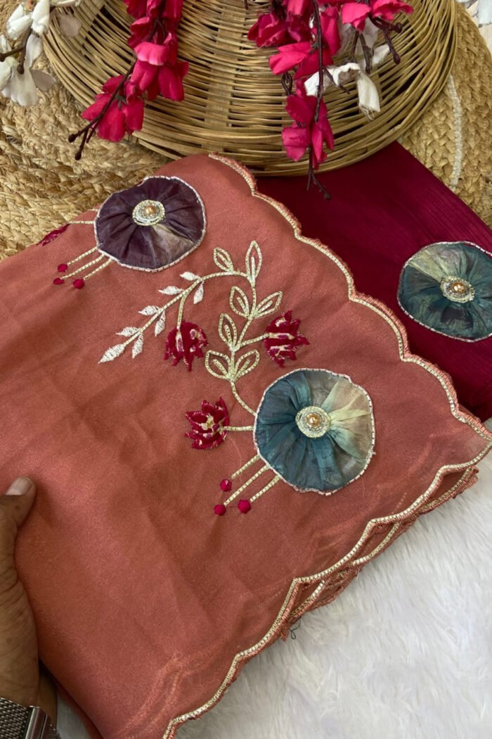 Star Georgette Saree with Handwork Peach Butta - Image 15