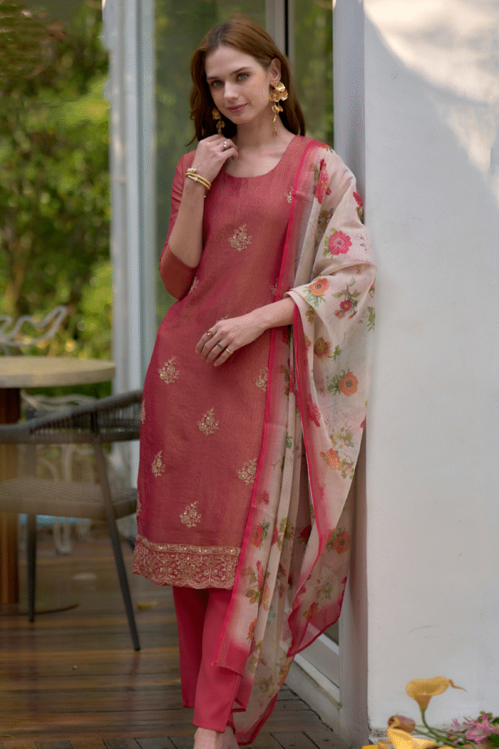 Tissue Silk Floral Embroidery Straight Kurta Set Collection - Image 3