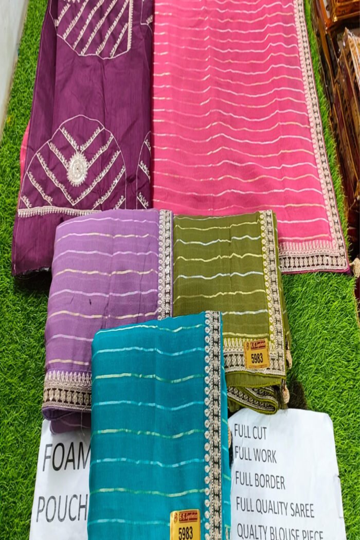 Embroidery Work Chiffon Saree With Striped Pattern - Image 2