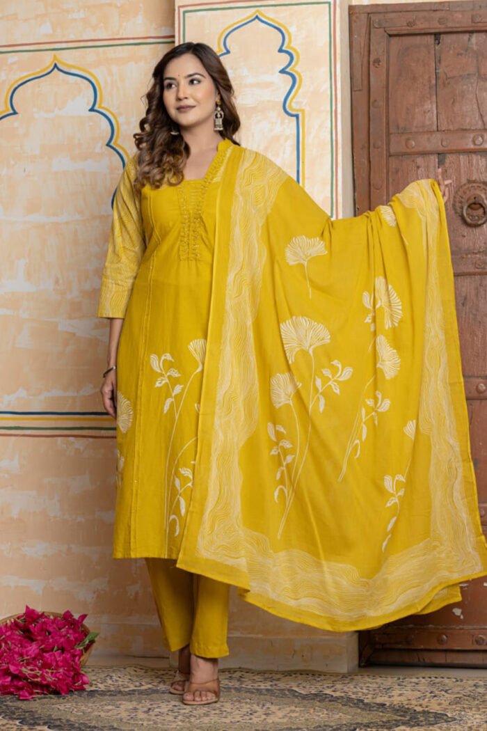 Ethnic Wear Cotton Kurti Pant Dupatta Set 60x60 Digital Print - Image 2