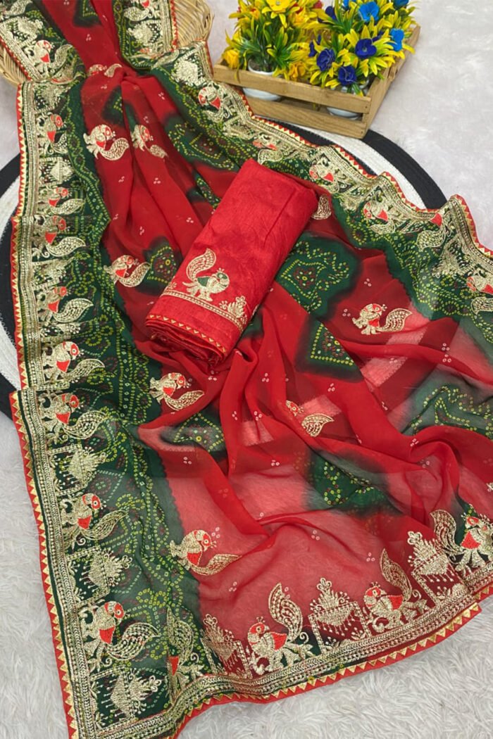 Heavy Georgette Bandhani Saree With All Over Zari Embroidery - Image 8