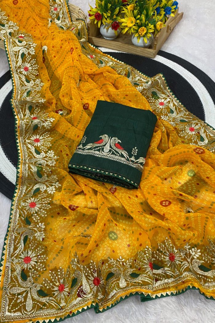 Bandhani Printed Saree With Embroidery Work - Image 5
