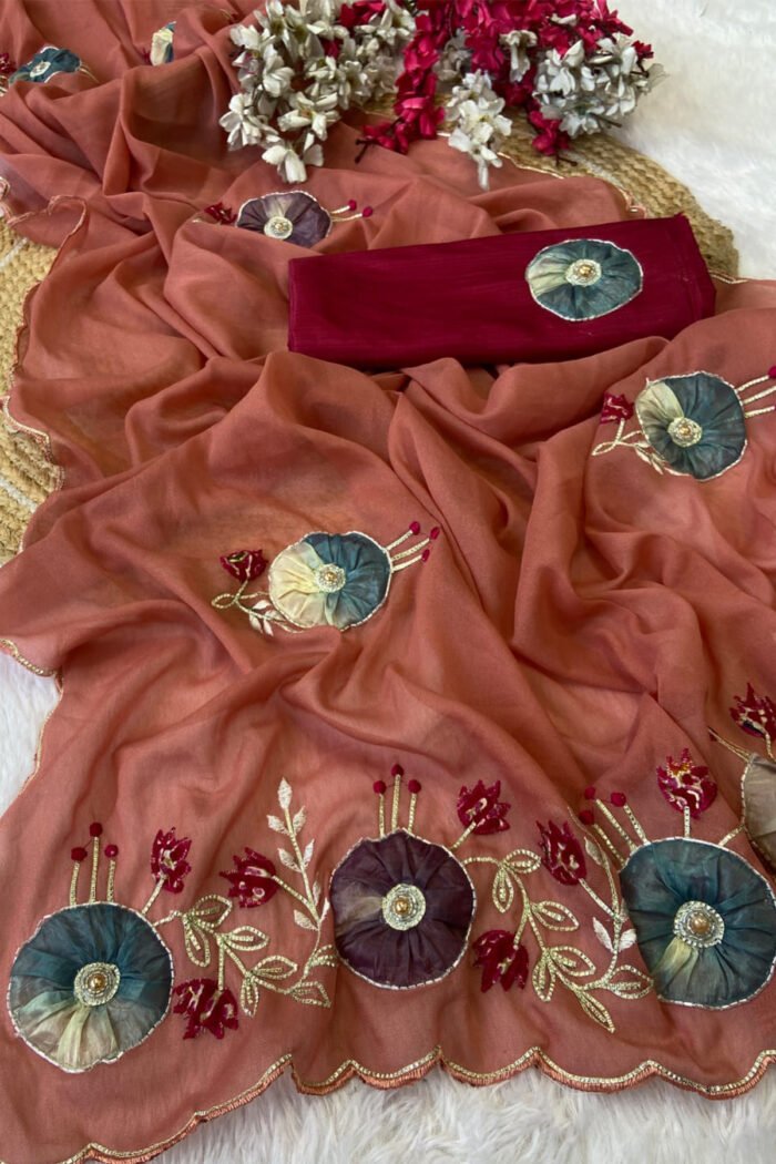 Star Georgette Saree with Handwork Peach Butta - Image 14