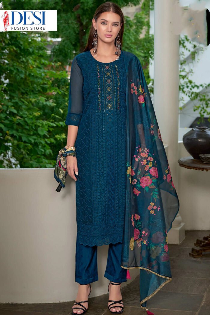 Chikankari Sequins Work Straight Kurta Pants Set - Image 3