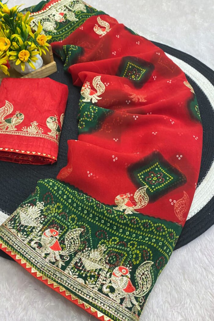 Heavy Georgette Bandhani Saree With All Over Zari Embroidery - Image 7