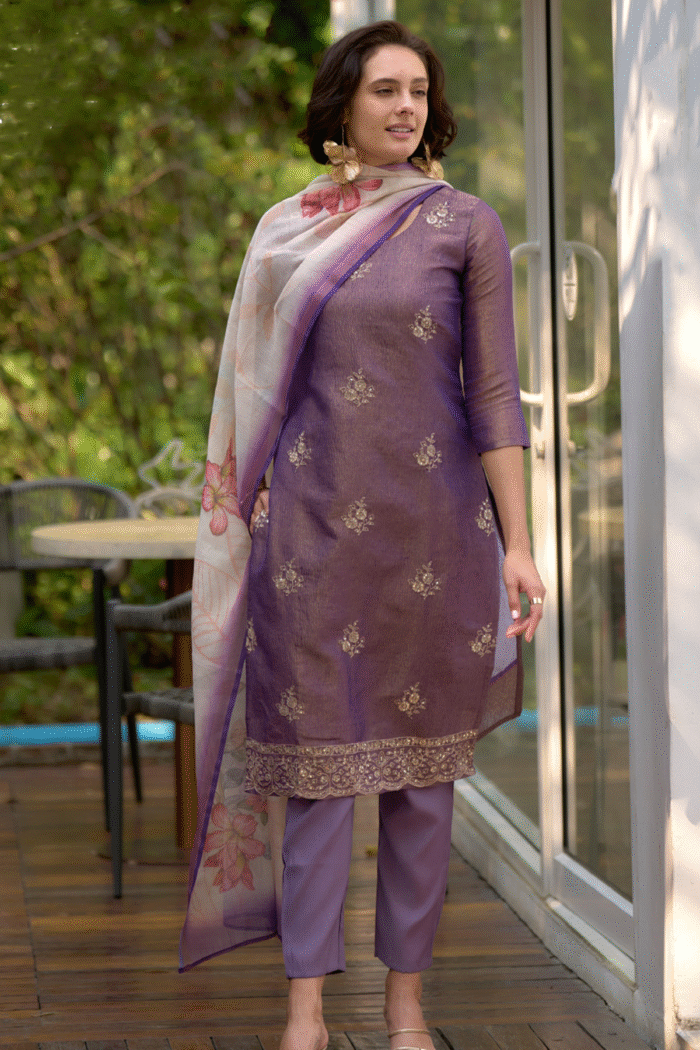 Tissue Silk Floral Embroidery Straight Kurta Set Collection - Image 4
