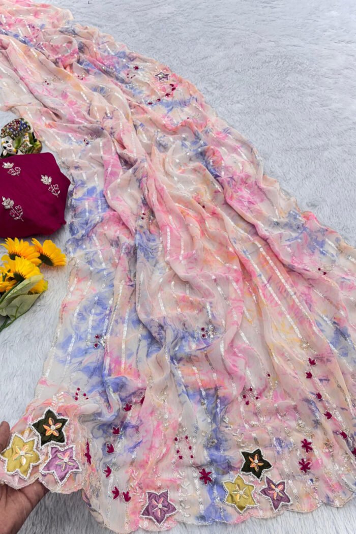 Premium Soft Georgette Line Peach Butti Work Collection - Image 7