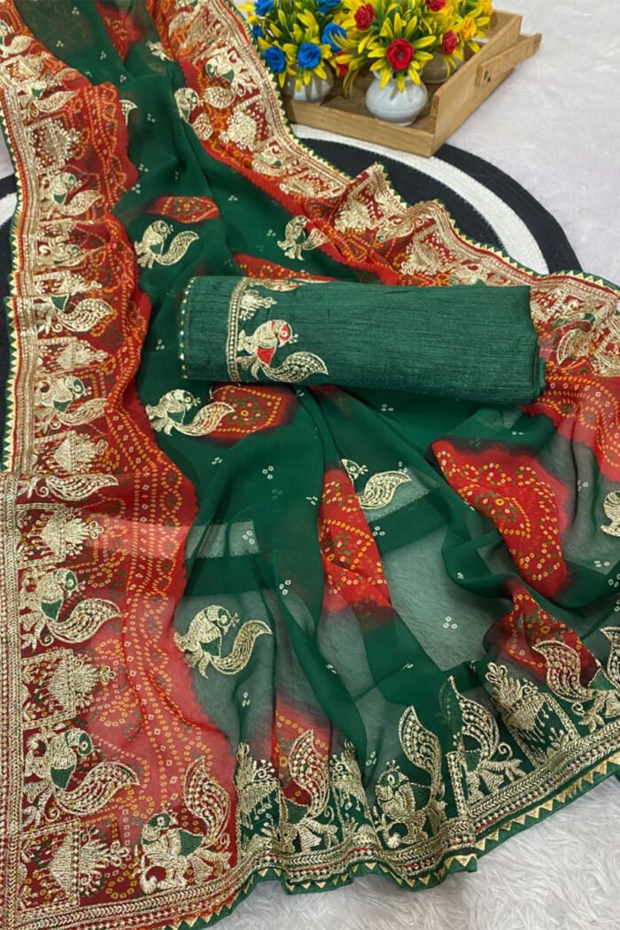 Heavy Georgette Bandhani Saree With All Over Zari Embroidery - Image 6