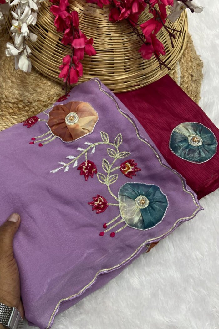 Star Georgette Saree with Handwork Peach Butta - Image 12