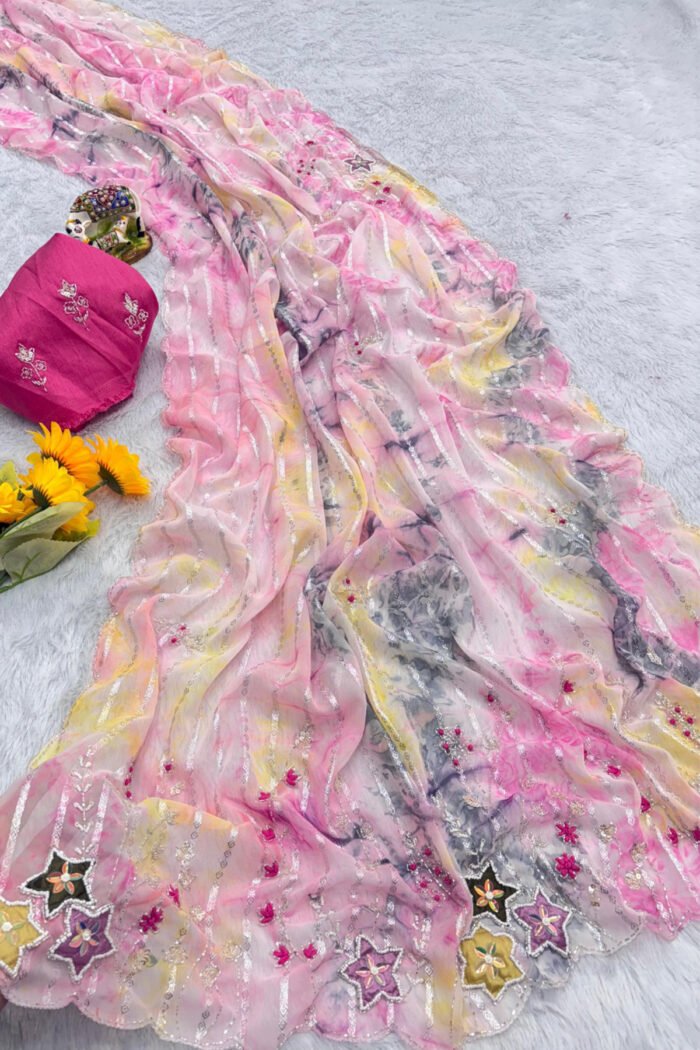 Premium Soft Georgette Line Peach Butti Work Collection - Image 6