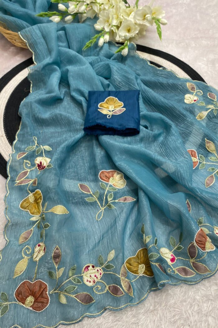 Multi Color Patch Work & Handwork Border  Designer Saree With C Pallu - Image 11