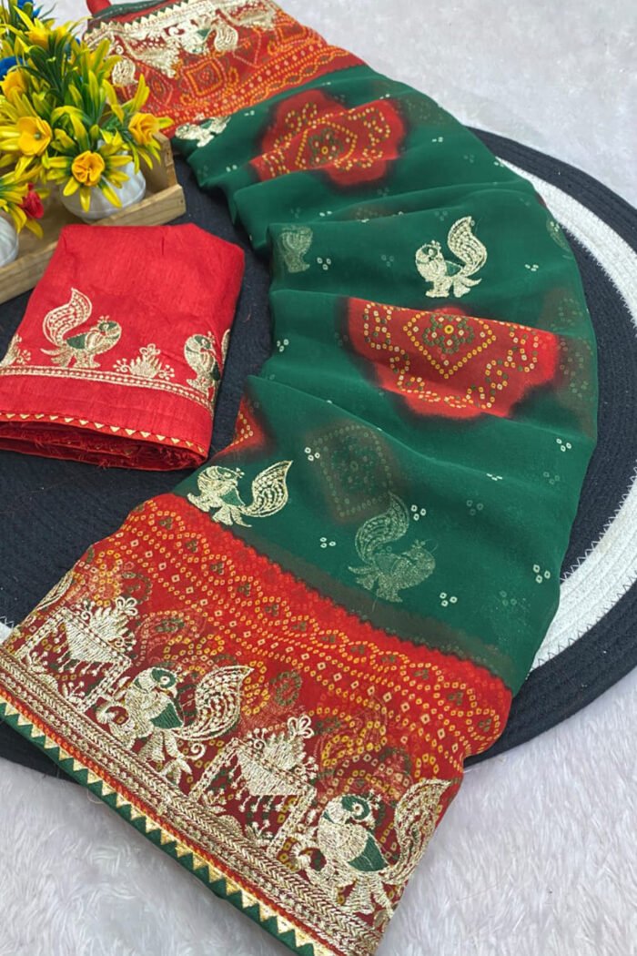 Heavy Georgette Bandhani Saree With All Over Zari Embroidery - Image 5