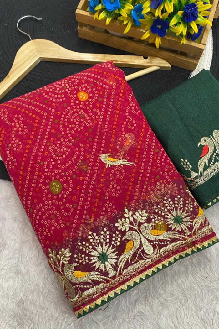 Bandhani Printed Saree With Embroidery Work - Image 2