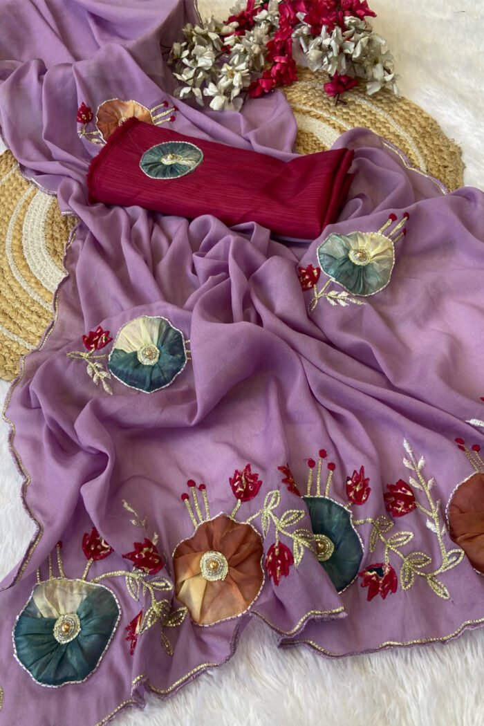 Star Georgette Saree with Handwork Peach Butta - Image 11