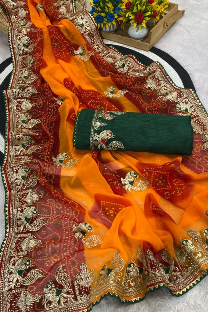 Heavy Georgette Bandhani Saree With All Over Zari Embroidery - Image 4