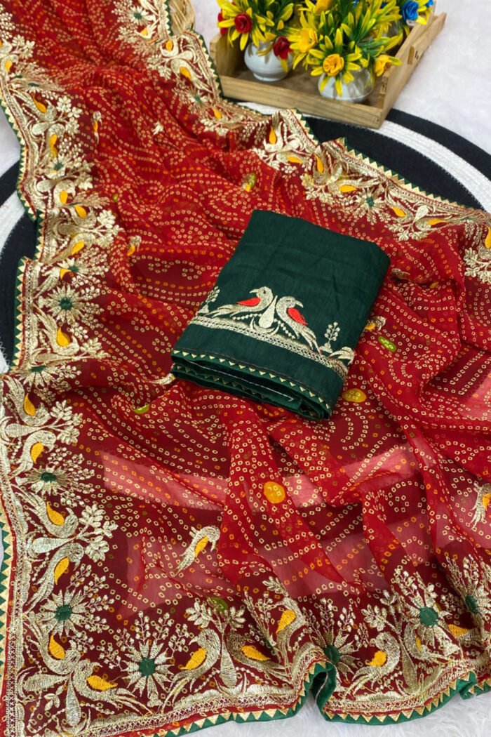 Bandhani Printed Saree With Embroidery Work - Image 4