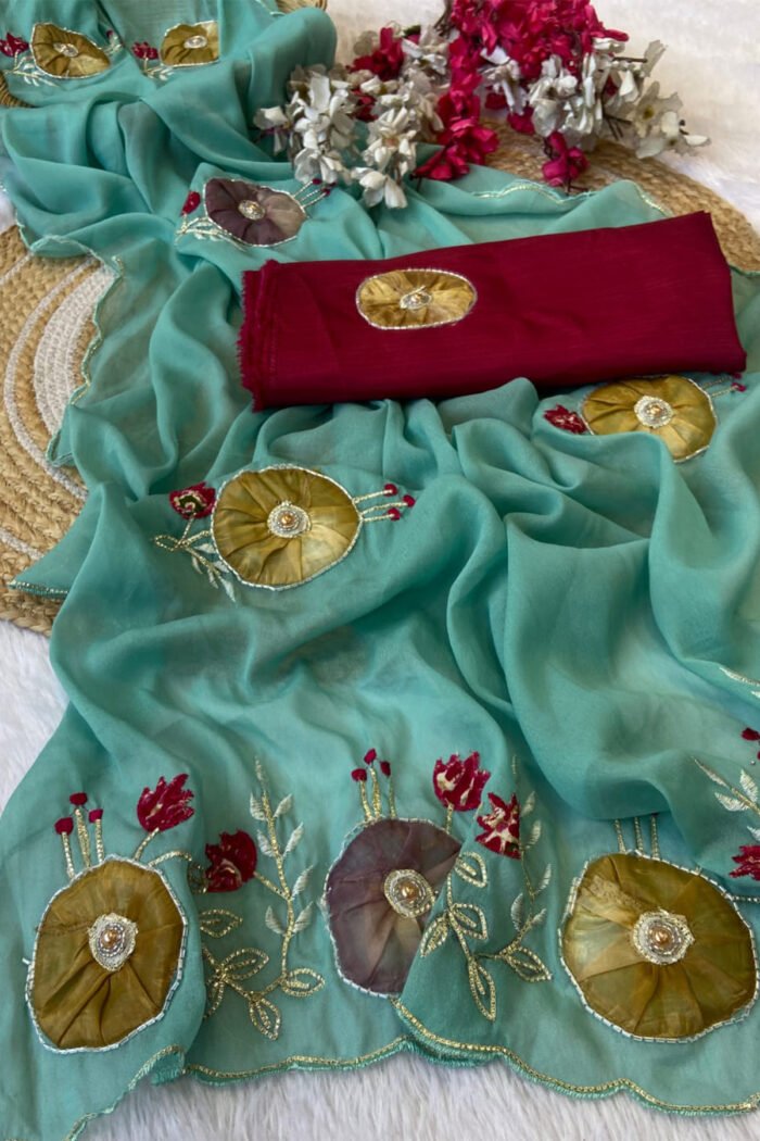 Star Georgette Saree with Handwork Peach Butta - Image 8