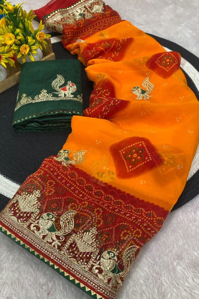 Heavy Georgette Bandhani Saree With All Over Zari Embroidery - Image 3
