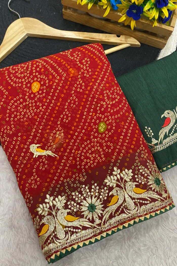 Bandhani Printed Saree With Embroidery Work - Image 3