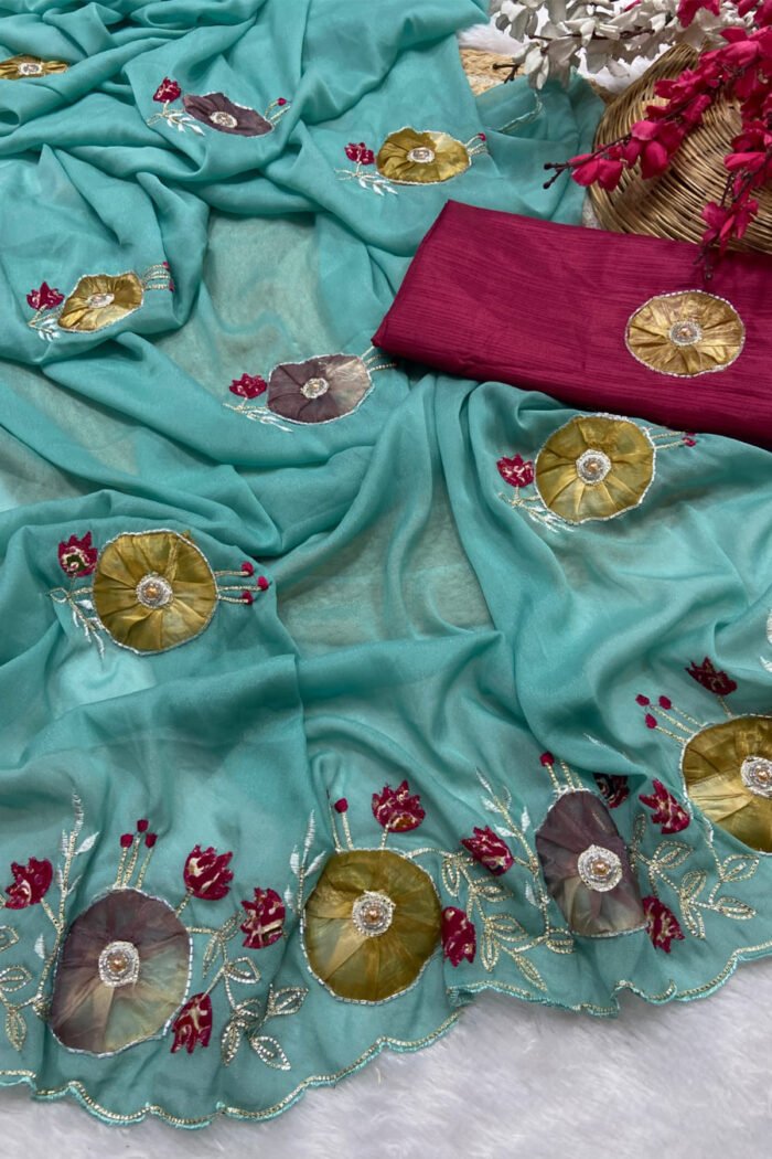 Star Georgette Saree with Handwork Peach Butta - Image 10