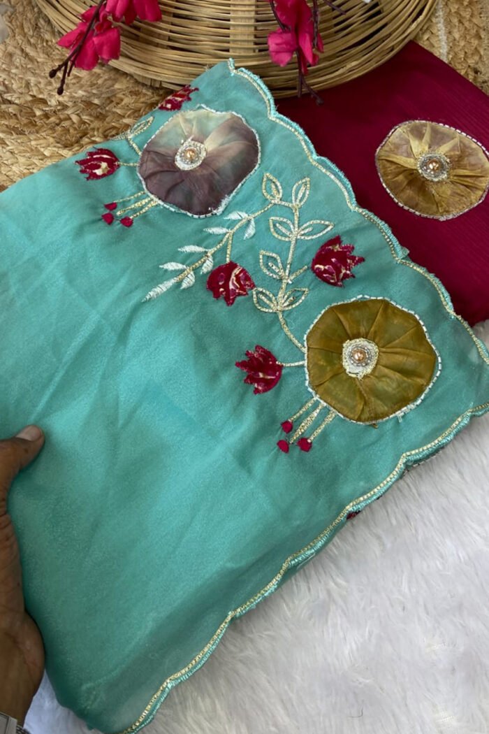 Star Georgette Saree with Handwork Peach Butta - Image 9