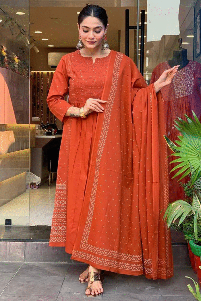 Designer Jaipuri Cotton Sequence Printed Anarkali Kurti Set - Image 2