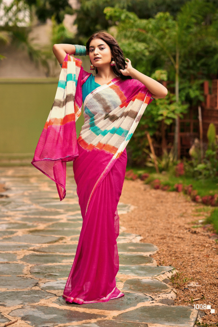 Chiffon Weaving Border With Brush Print Saree Collection - Image 5
