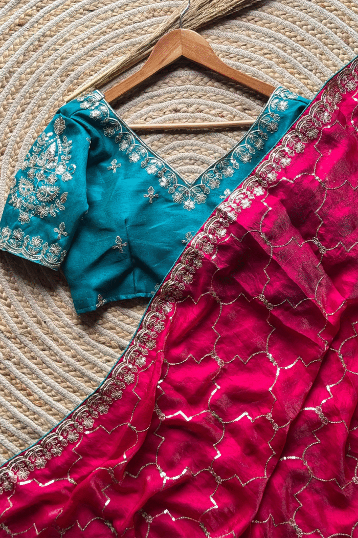 Space Silk Saree With Embroidery Contrast Blouse Wholsale Saree - Image 2