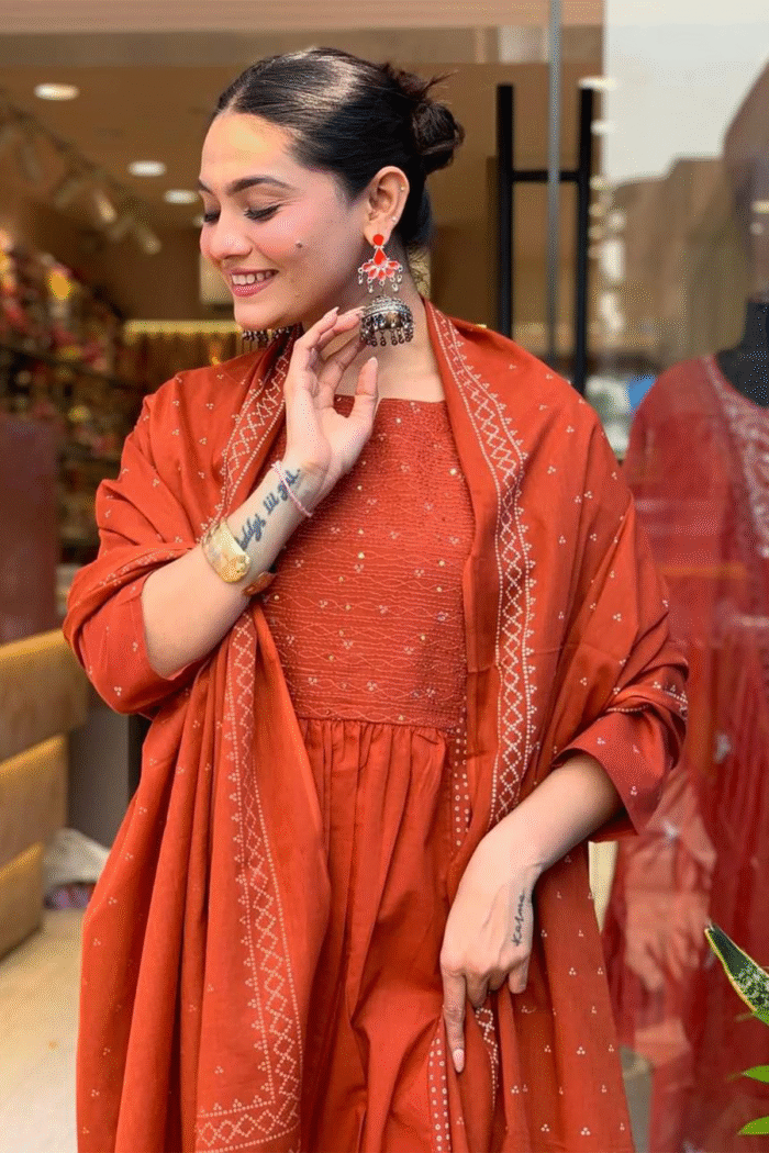 Designer Jaipuri Cotton Sequence Printed Anarkali Kurti Set - Image 3