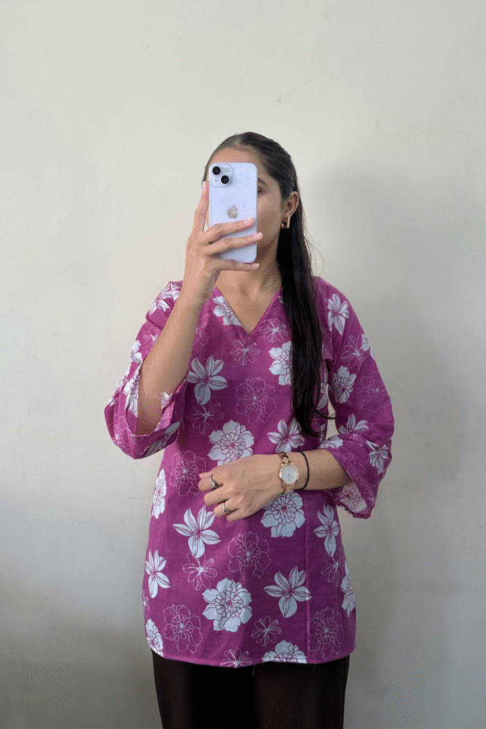 Printed Short Kurta Fow Women V Neck Set - Image 4