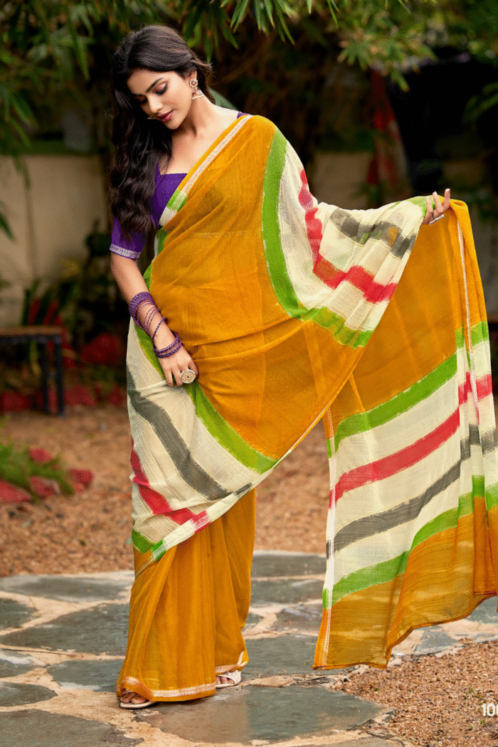 Chiffon Weaving Border With Brush Print Saree Collection - Image 6