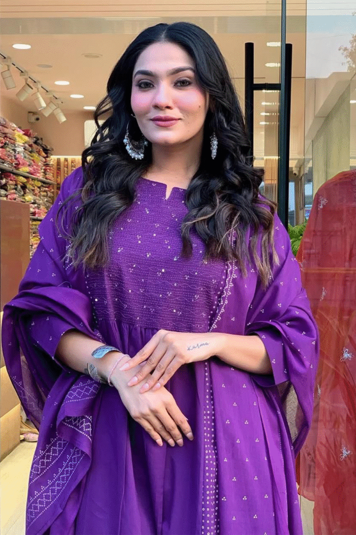 Designer Jaipuri Cotton Sequence Printed Anarkali Kurti Set - Image 4